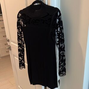 GORGEOUS I.N.C. Black Cocktail Dress with Lace Cutout Sheer Sleeves Sz S